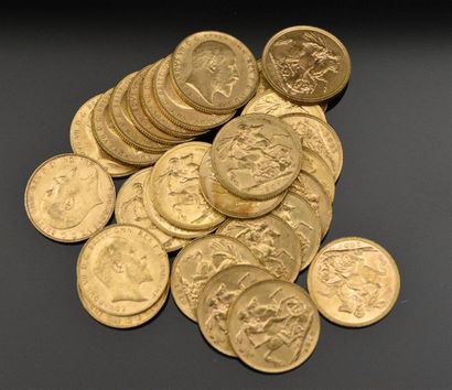 null ROYAUME-UNI Lot de vingt-huit pièces, Souverain en or : - 14 x 1907 - 6 x 1908...