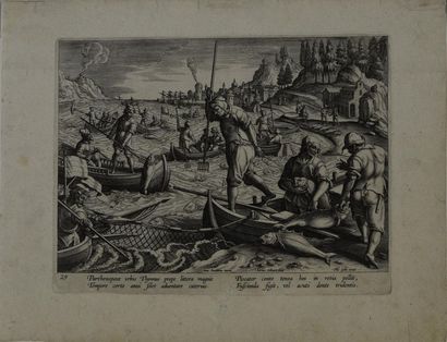 null D'après Johannes STRADANUS (1523 - 1605) Scènes de pêche et chasse à l'éléphant,...