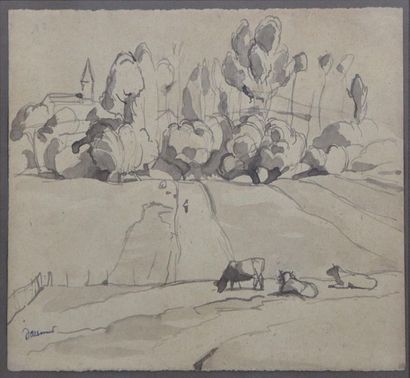 null Claude DALBANNE (1877-1964) Campage des Monts du lyonnais Encre et lavis sur...