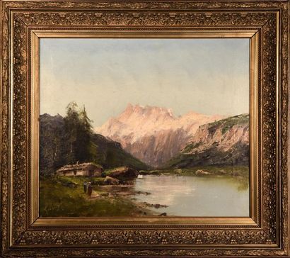 null Emile GODCHAUX (1860-1938) Lac de Montagne Huile sur toile signée en bas à gauche...