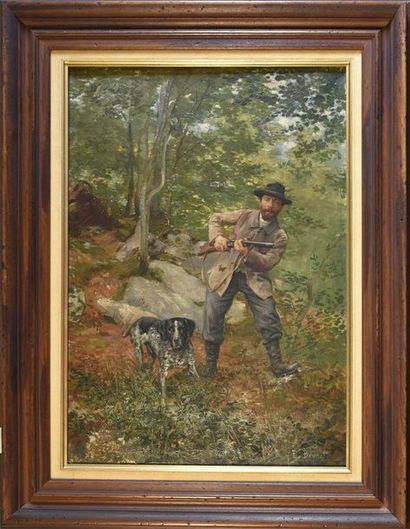 null Pierre Auguste BRUNET- HOUARD (1829-1922) Chasseur et son chien Huile sur toile,...