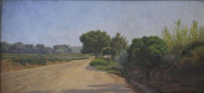 null Victor BARJON (1875-1920) Chemin haut talus et arbres Huile sur panneau signée...