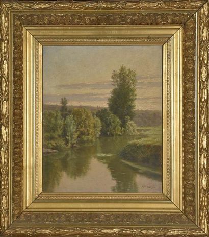 null Victor BARJON (1875-1920) Paysage d'étang Huile sur panneau signée en bas à...