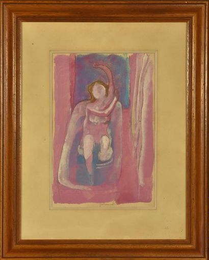 null Paul GUIRAMAND (1926-2007) Le bain : personnage féminin rose Aquarelle signée...