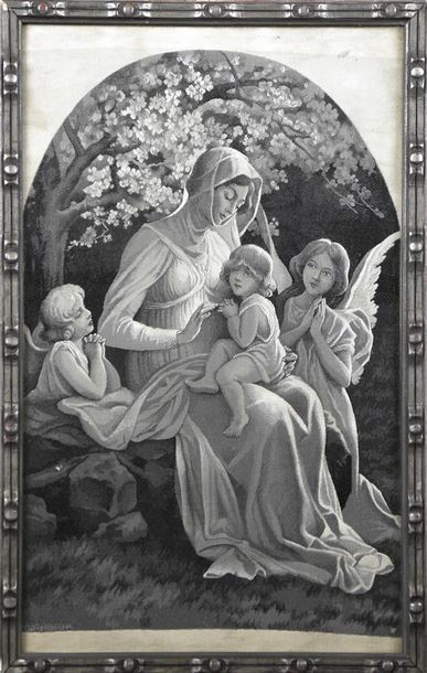 null Deux tableaux tissés, NF, début XXe siècle, Vierge à l'enfant d'après E. Sonrel,...