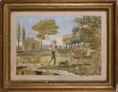 null Le bouvier, tableau brodé, daté 1814, satin peint et finement rebrodé soie et...