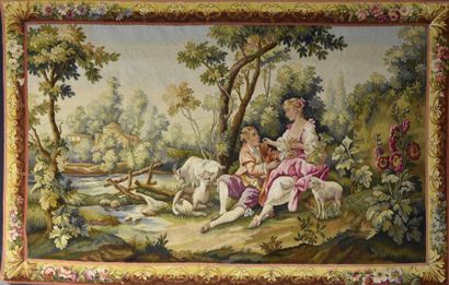 null Tapisserie d'Aubusson, style XVIIIe siècle, tapisserie laine et soie polychrome...