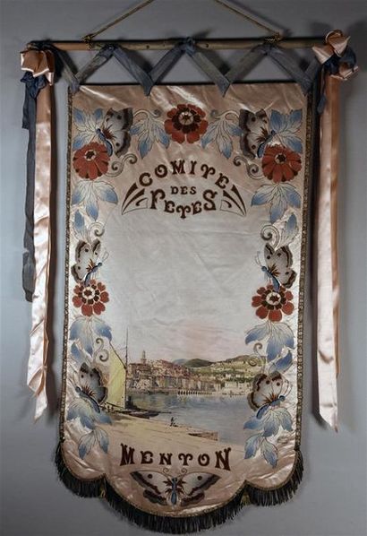 null Bannière de récompense du Comité des Fêtes, Menton, vers 1930, décor peint sur...