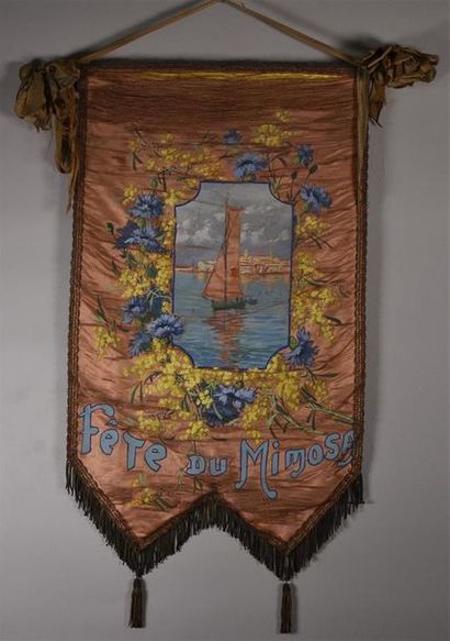 null Bannière de célébration, Fête du mimosa, vers 1930, décor peint sur satin représentant...