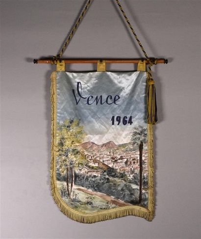 null Vence, petite bannière, 1964, vue panoramique peinte sur satin, 43 x 30 cm.