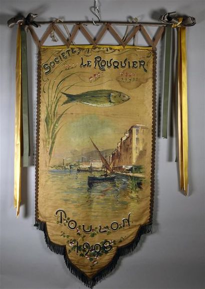 null Bannière publicitaire ou de récompense, Toulon, 1908, décor peint sur satin...