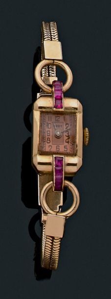 null Montre-bracelet de dame, en or jaune 750 millièmes, la montre de forme rectangulaire,...