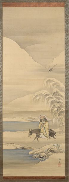 null JAPON, XIXe siècle

Encre polychrome sur soie, Toba sur sa mule dans un paysage...