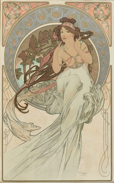 Alphonse MUCHA (1860-1939) Musique, 1898
Lithographie imprimée en couleurs. Rennert...