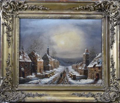 null Attribué à Louis Claude MALLEBRANCHE (1790-1838) Village animé en hiver Huile...