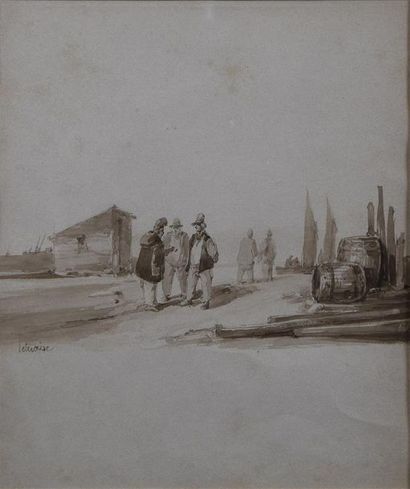 null Pierre LETUAIRE (1798-1885) Pêcheurs en conversation sur le rivage Encre et...
