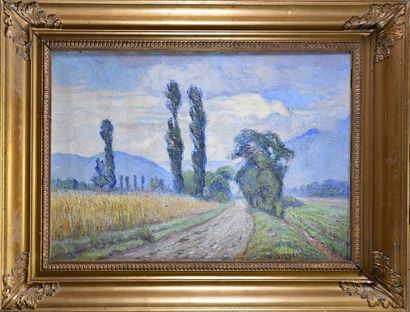 null Guillaume BERGER (1880-1940) Route d'Eaumorte un jour d'orage Huile sur toile...