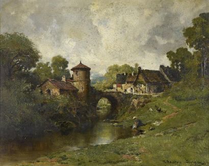 null Théodore LÉVIGNE (1848-1912) Petit village animé au moulin Huile sur toile signée...