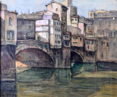 null Jean GALLAND (1880 - ?) Pont sur la rivière Fusain et aquarelle signé en bas...