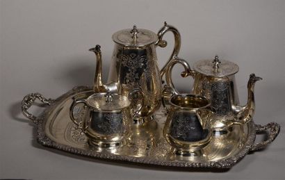null Service à thé et café en métal argenté à décor floral gravé comprenant théière,...