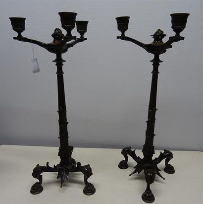 Alfred DAUBREE (1817-1885) Paire de candélabres néogothiques à trois lumières en...