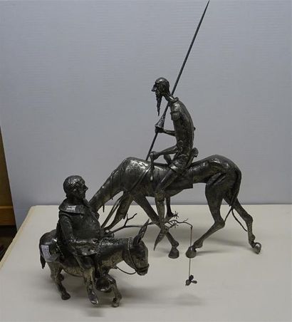 Michel LAUDE (XXe siècle) Don Quichotte et Sancho Panza Deux statuettes équestres...