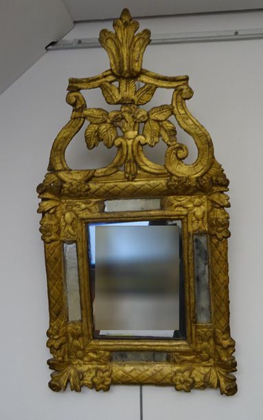 null Miroir rectangulaire à parcloses en bois doré sculpté de fleurs et palmettes,...