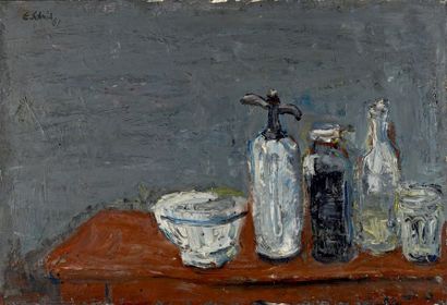 Erich SCHMID (1908-1984) Bol, siphon, bouteilles et pot, 1961
Huile sur toile, signée...