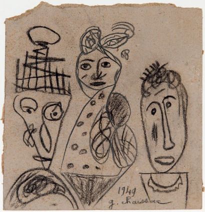 Gaston CHAISSAC (1910-1964) Composition avec trois personnages, 1949
Dessin au fusain...