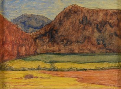 Auguste MORISOT (1857-1951) La colline rousse
Aquarelle et encre marouflée sur toile,...