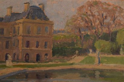 null Attribué à Georges BINET (1865-1949) Le jardin du Luxembourg Huile sur panneau...
