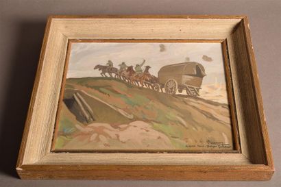 null Léon HUSSON (1898-1983) Chariot tiré par des chevaux Huile sur panneau, signée...