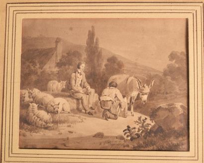 null *Ecole FRANCAISE du XIXe siècle Deux hommes et un âne Lavis H. 23 cm L. 26 cm...