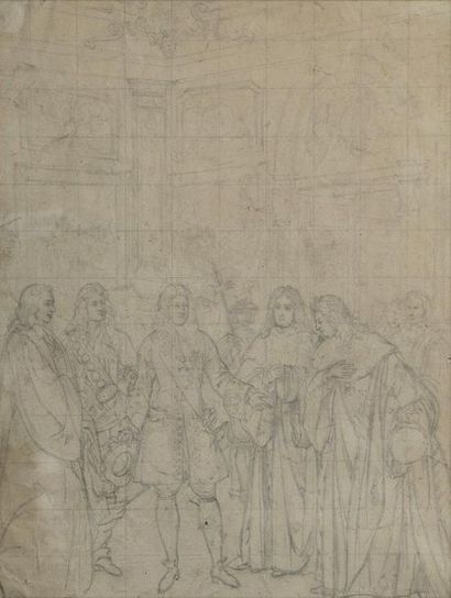 null *Ecole FRANCAISE du XIXe siècle Louis XIV recevant des parlementaires Mine graphite...