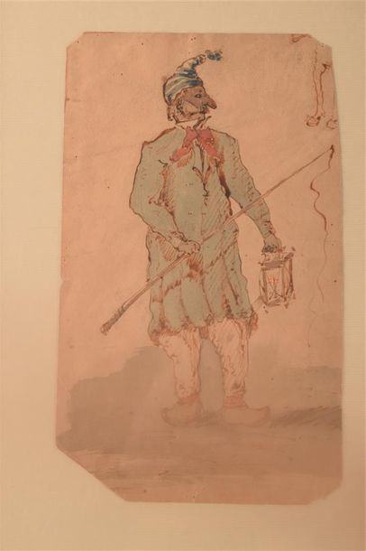 null Ecole ITALIENNE du XIXe siècle Personnage masqué Encre et aquarelle H. 27,5...