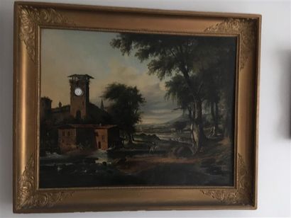 null Ecole SUISSE du début du XIXe siècle Tableau horloge Huile sur toile représentant...