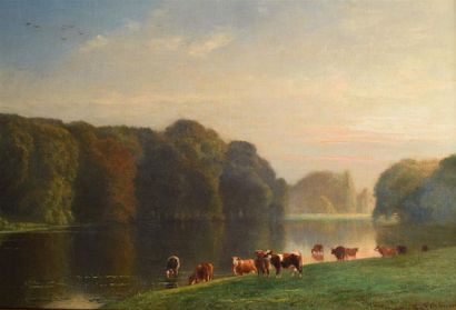 null François Auguste ORTMANS (1826-1884) Paysage aux vaches Huile sur toile, signée...