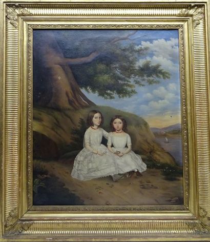 Ecole FRANÇAISE vers 1830 Les deux jeunes soeurs en robe blanche et aux colliers...
