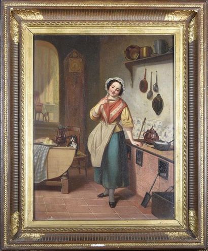 Ecole du XIXe siècle - E. VOTERMAN*** Intérieur de cuisine
Huile sur panneau, signée...