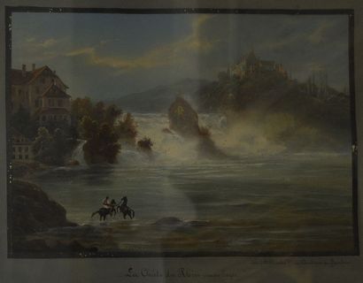 Ecole SUISSE ou ALLEMANDE du début du XIXe siècle La chute du Rhin prise des forges
Gouache...