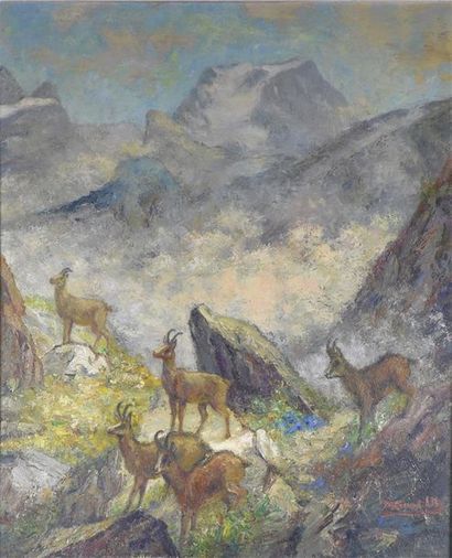 Micheline CANNAUT-UTZ (XX) Les chamois en montagne
Huile sur toile signée en bas...