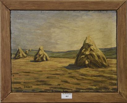 Adrien GODIEN (1873-1949) Paysage aux meules
Huile sur panneau signée en bas à gauche
H....