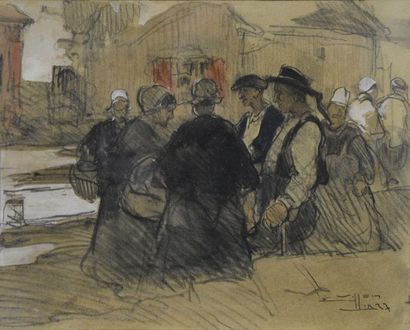 Eugène VILLON (1879-1951) Scène de marché en Bretagne, 1937
Fusain signé et daté...