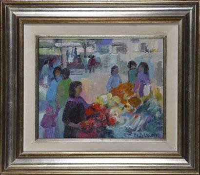 Monique BARONI (1930-2016) Le marché
Huile sur toile signée en bas à droite
H. 22...