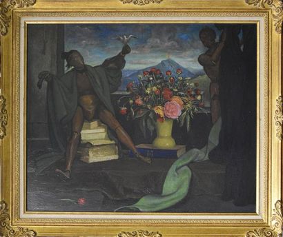 Adolphe DETEIX (1892-1967) Nature morte au mannequin et au vase de fleurs, un volcan...