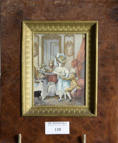 null Ecole FRANCAISE du XIXe siècle Scène galante Miniature sur ivoire H. 10,5 cm...