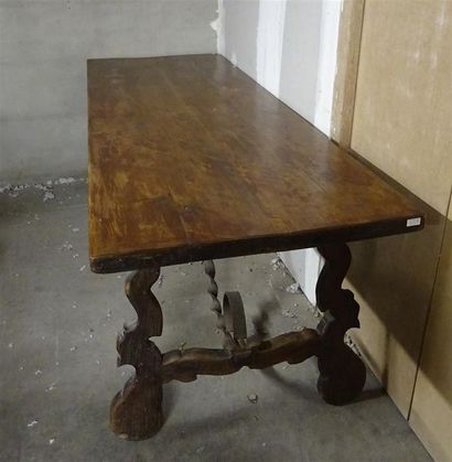 null Table espagnole en bois naturel avec entretoise en fer forgé torsadé, pieds...
