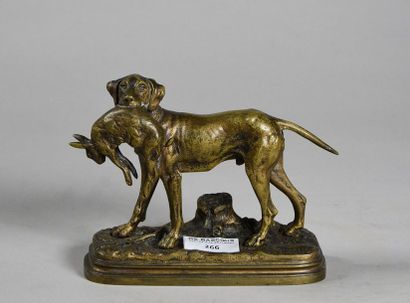null Alfred DUBUCAND (1828 - 1894) Braque au lièvre Sculpture en bronze à patine...