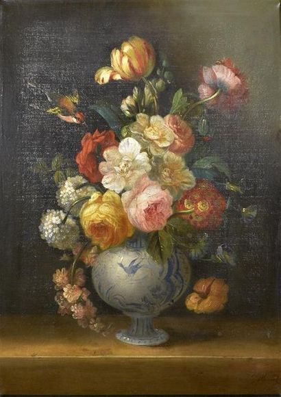null Ecole LYONNAISE du début XIXe siècle Paire de bouquets aux vases et aux oiseaux...