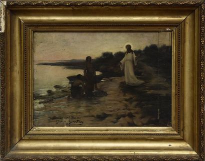 null Georges CASTEX (1860-1943) Apparition au bord d'un fleuve Huile sur toile signée...
